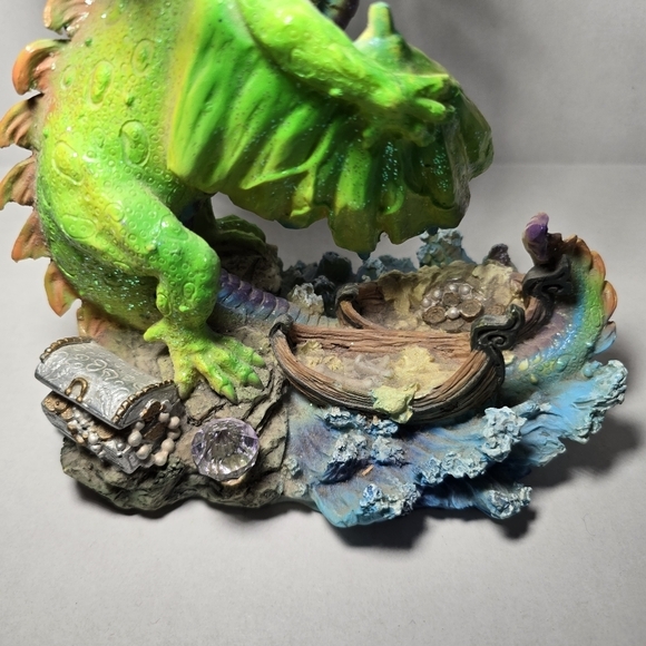 Green 3‎ Headed Dragon Figurine Statue Guarding Crystals Hydra Medieval Fantasy - Picture 9 of 13